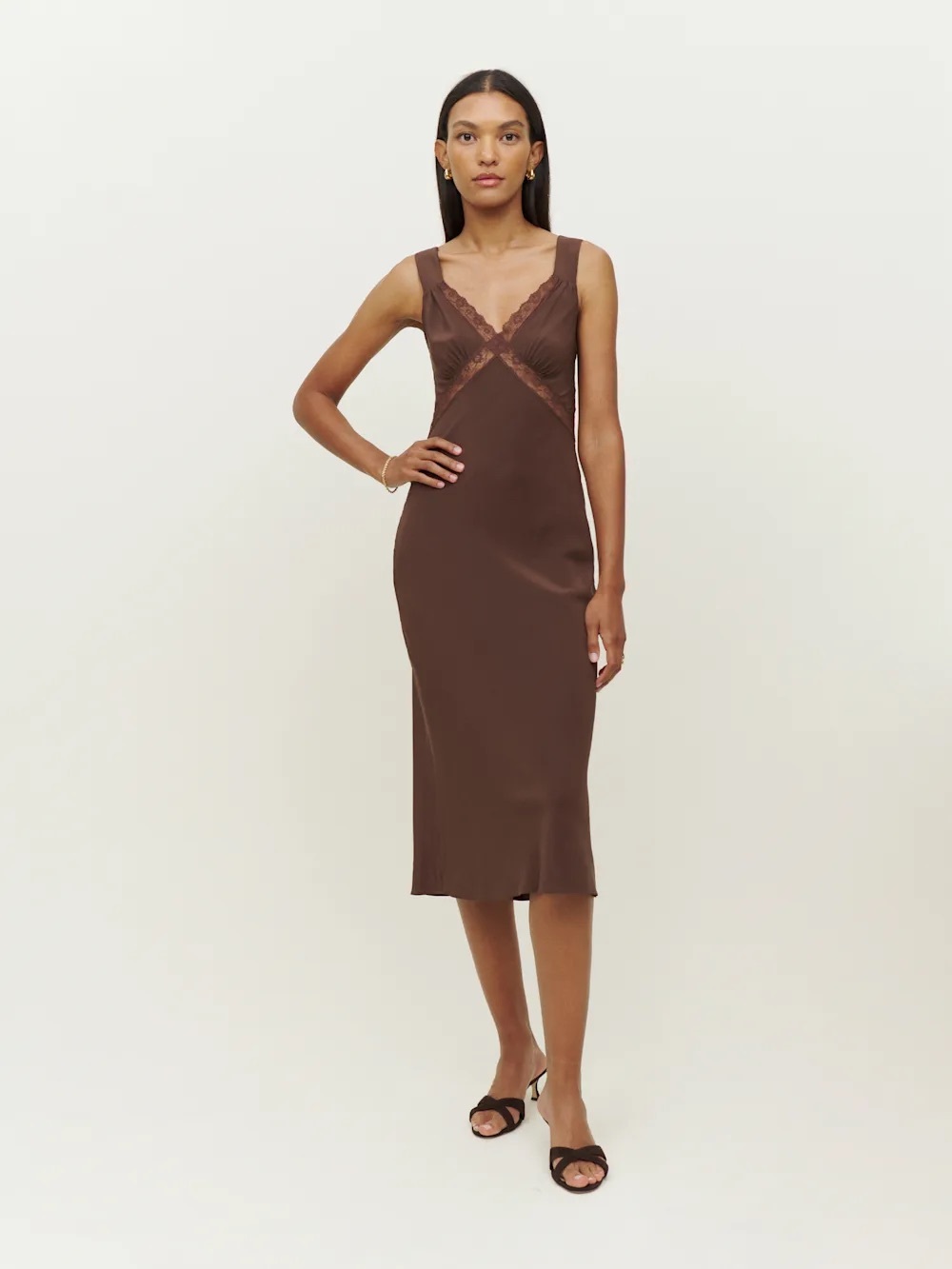 Reformation Brown Provence Silk Midi Dress Brown